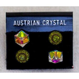 Vintage Art Deco Abstract Iridescent Faux Gems Stud Earrings by Austria - K1